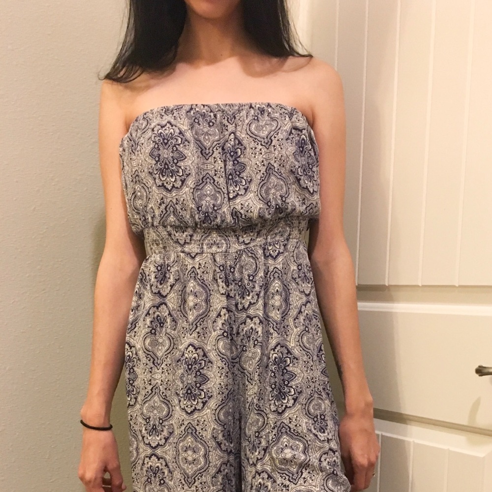 Navy & Oat Pattern Strapless Jumpsuit
